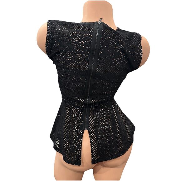 BCBG Maxazria Black Lace Nude Lining y2k Peplum Top Sz XXS Vicktoria Zip - Picture 4 of 11